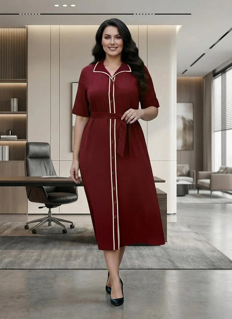 globus Globus Gloplus Women Maroon Collared Neck Short Sleeves Belted Midi Plus Size Shirt Style Workwear Dress